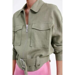 Zara Linen Green Zip Buckle Belted Shirt Jacket